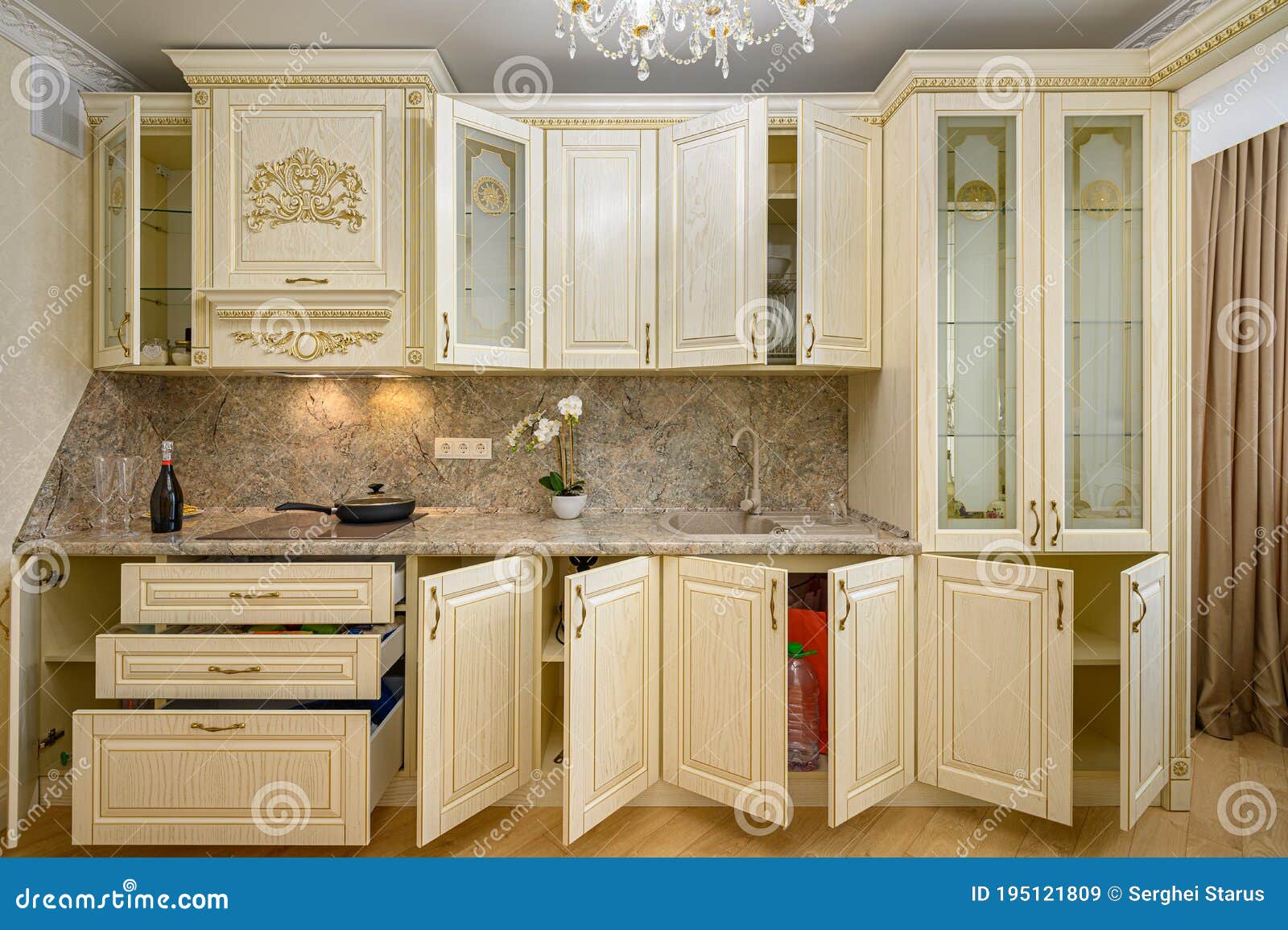 front view of luxury modern neoclassic beige kitchen interior