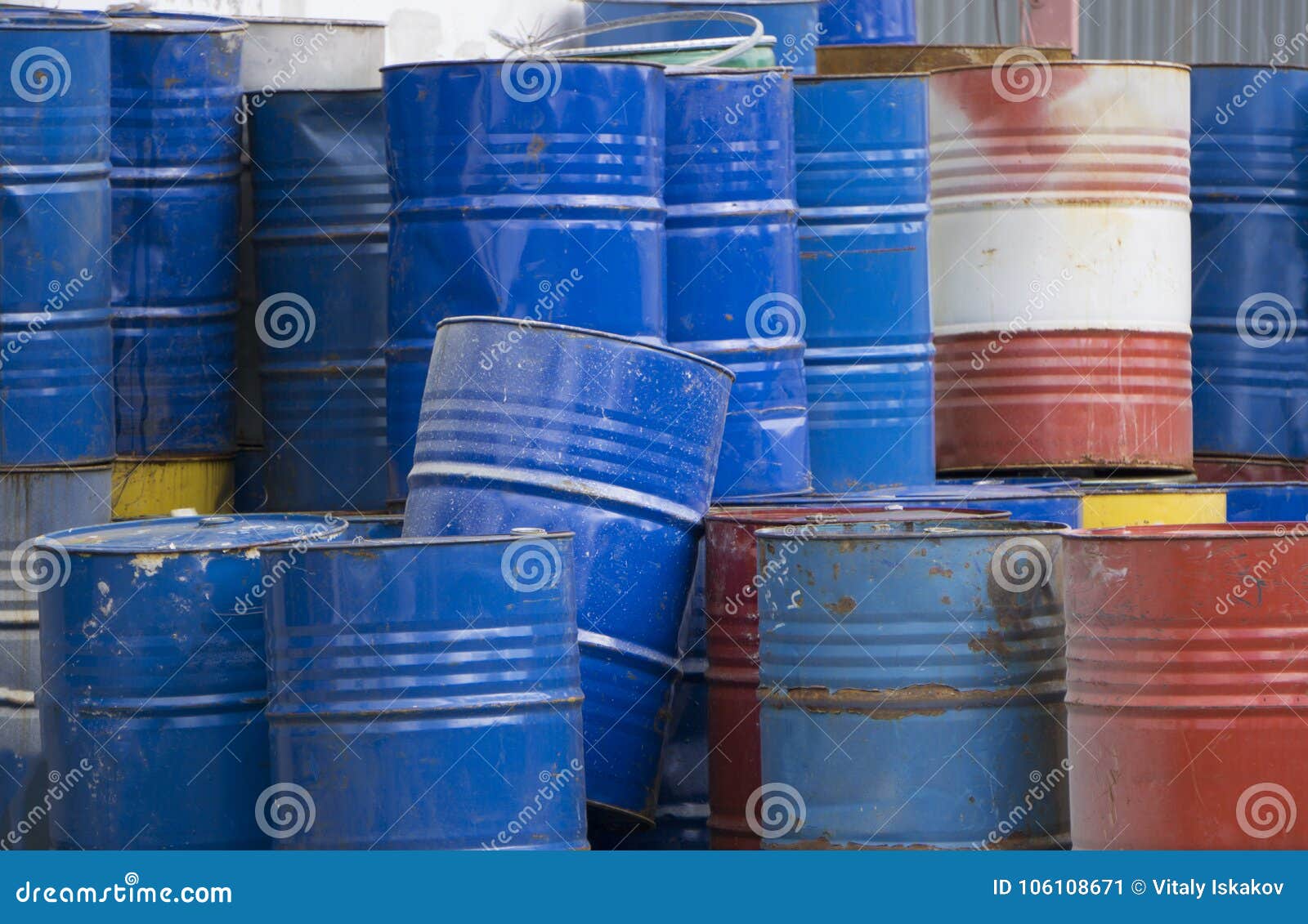 Front View of Many Rusty Iron Barrels. Stock Image - Image of texture