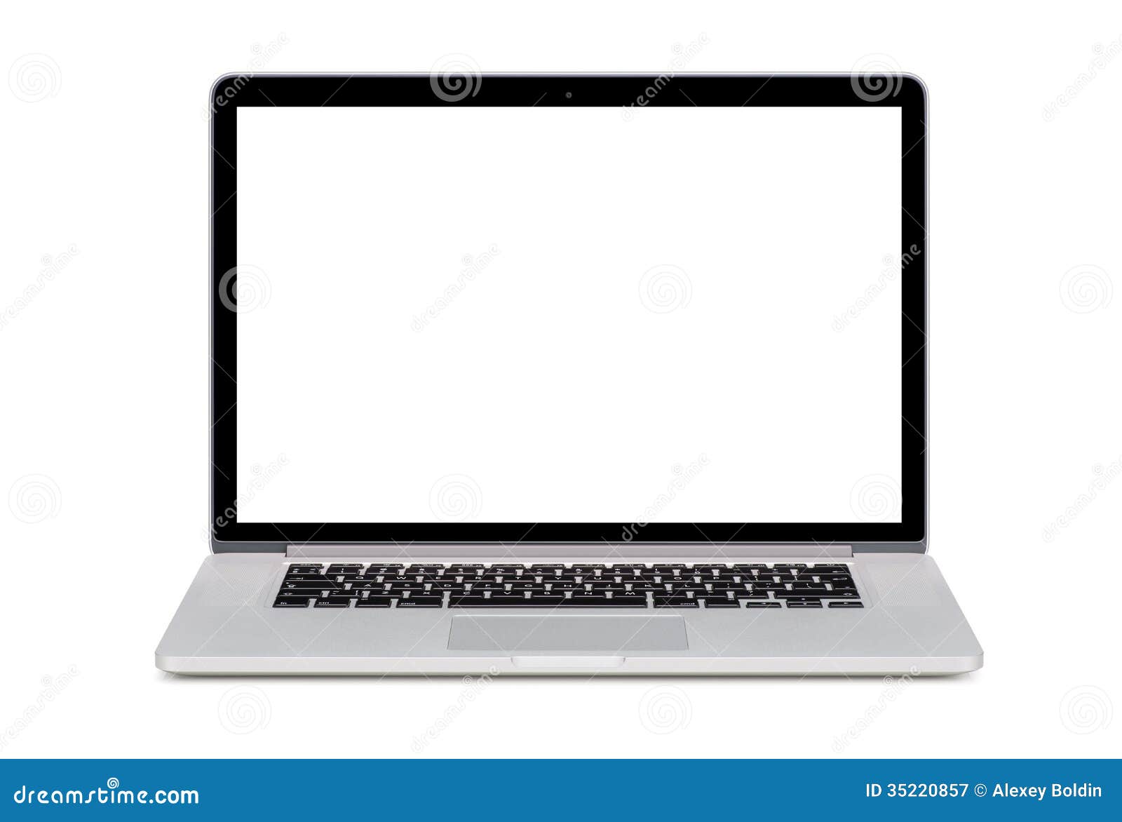 front view of a modern laptop with a white screen and an english