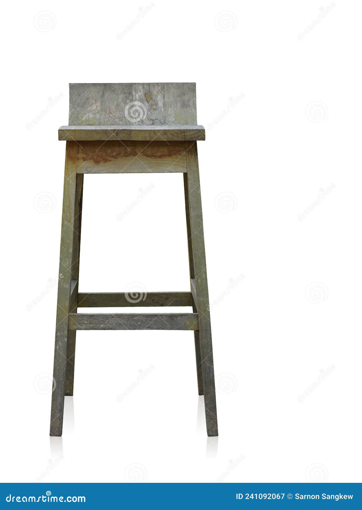 front view old wooden leg bar stool on white background, furniture, object, copy space