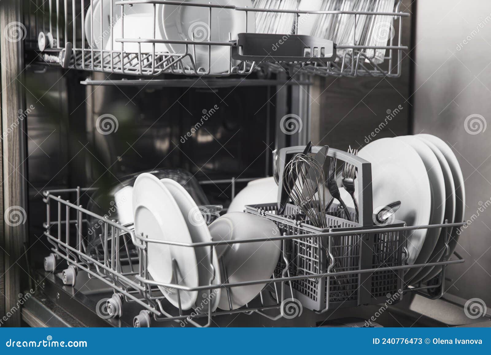 Open Dishwasher with Clean Utensil Inside, Cutlery, Glasses, Dishes at