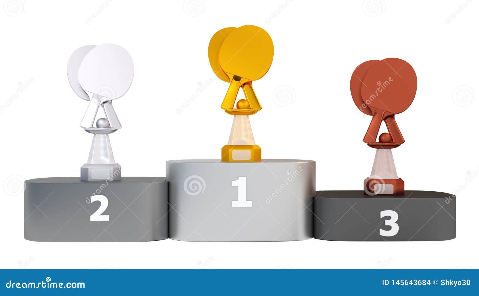 Front View of a Podium with Three Table Tennis Trophies on a white background