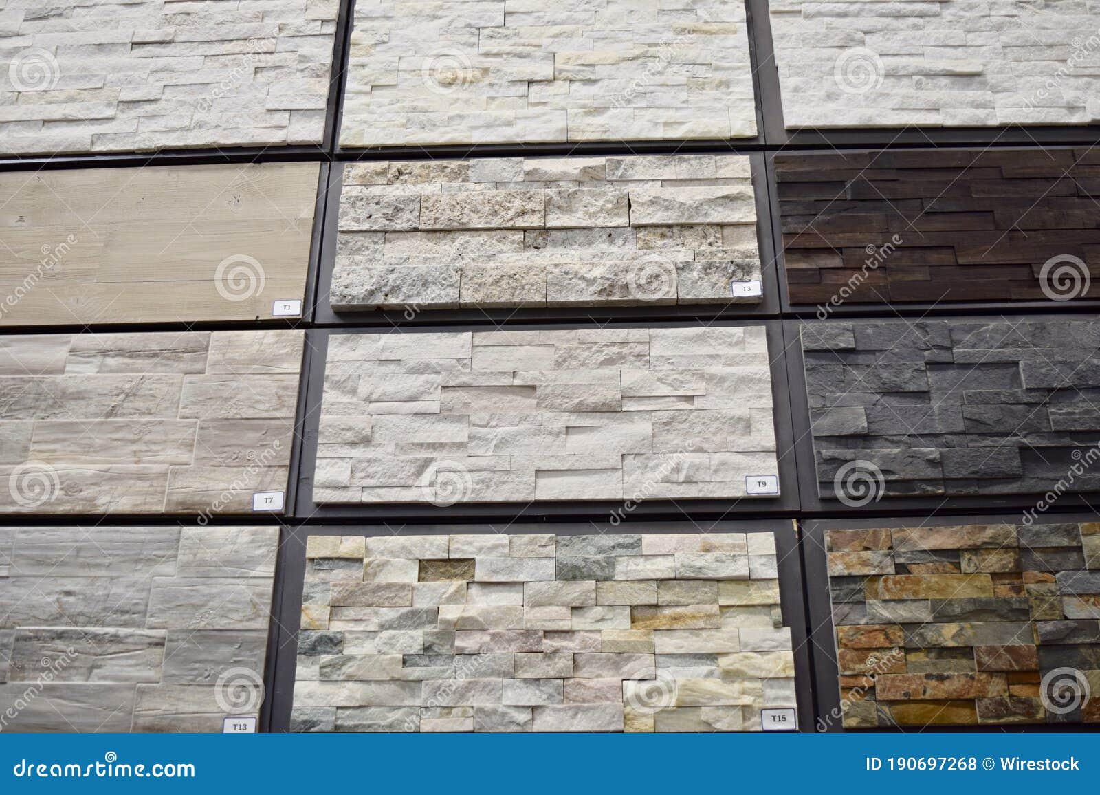 Front View of Rectangle Stone Tile Samples on Display at a Store for