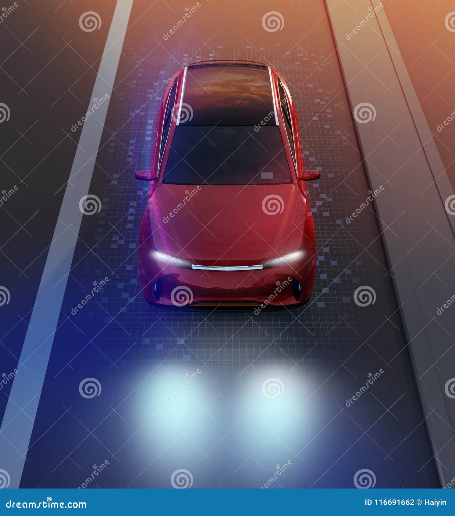 front view of red suv driving on the road with graphic mesh pattern retouched
