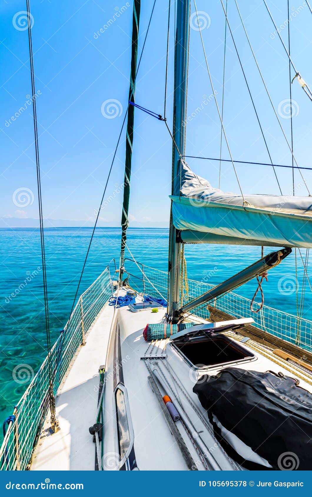 front view of sailing boat on the sea. stock photo - image