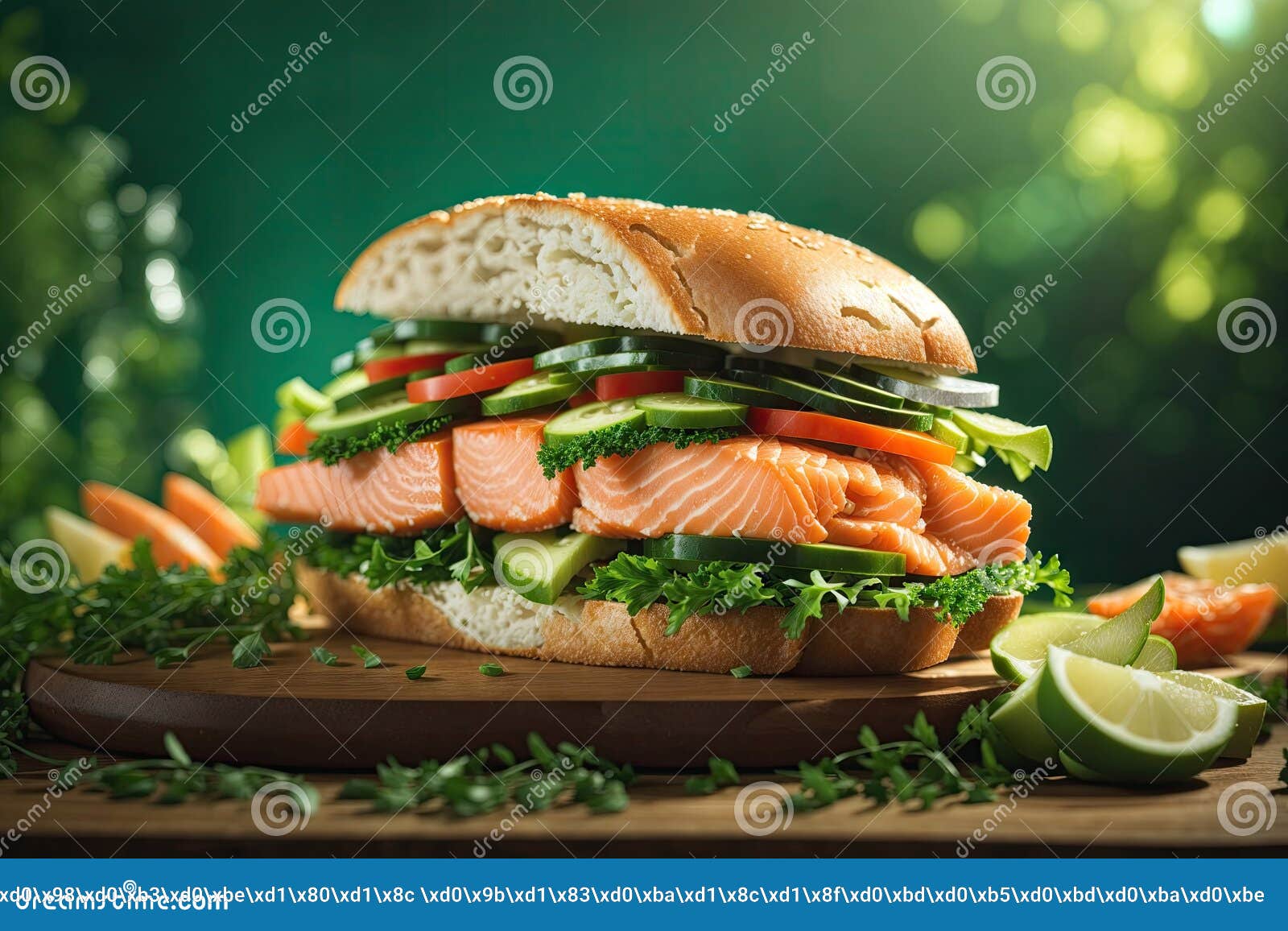Front View of Salmon Fish Sandwich with Vegetables. Ai Generative Stock
