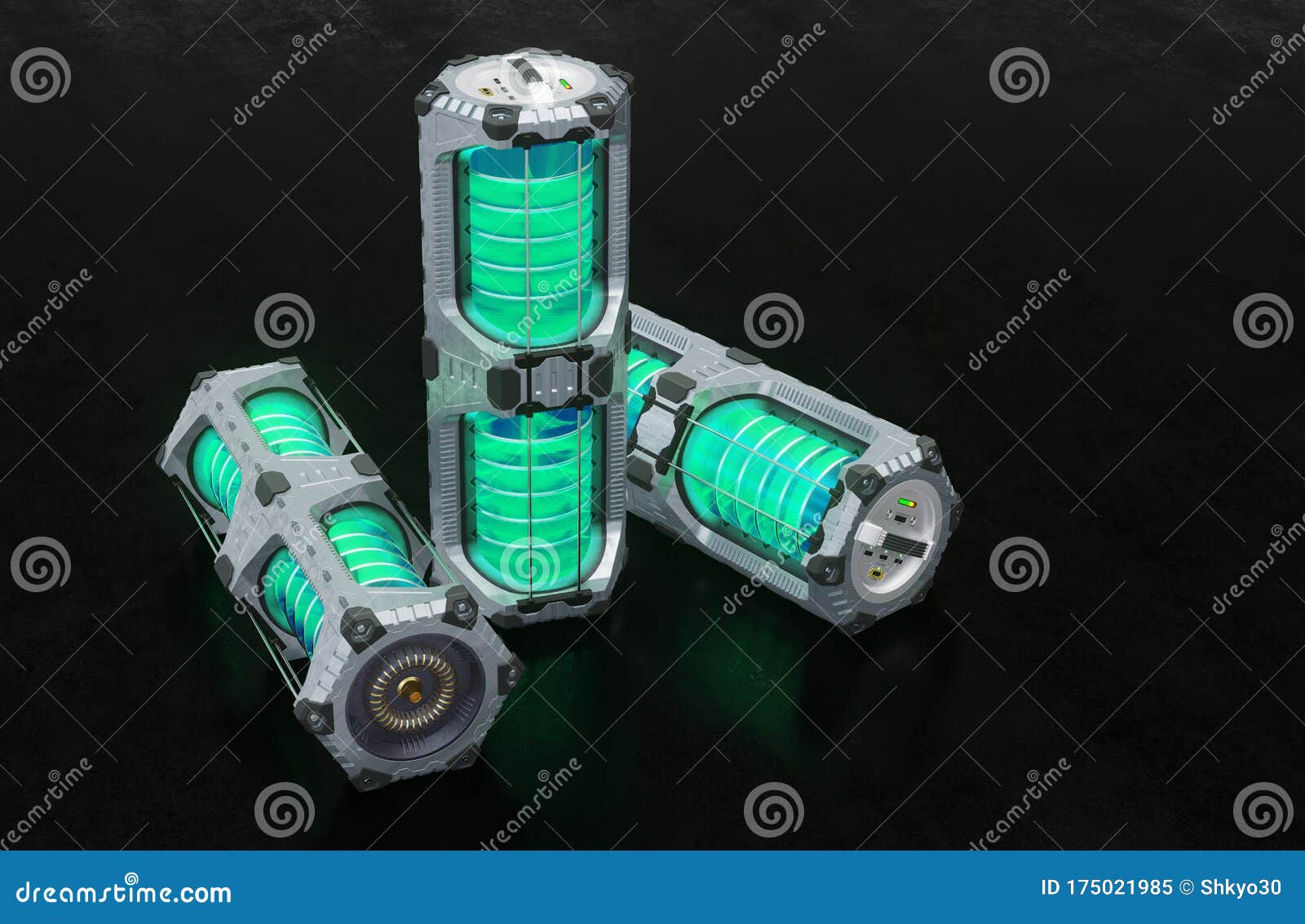Front View of 3 SciFi Hexagonal Large Batteries Including a Green Translucent Cylinder Stock