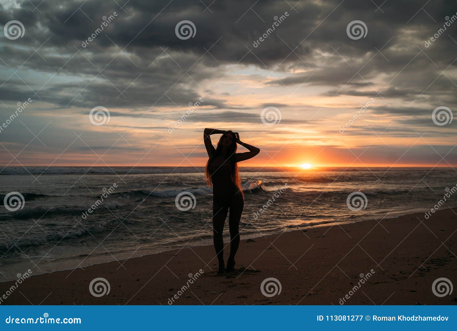 Front View Silhouette Of Attractive Woman Beautiful Young Girl With Long Hair Walking On The 
