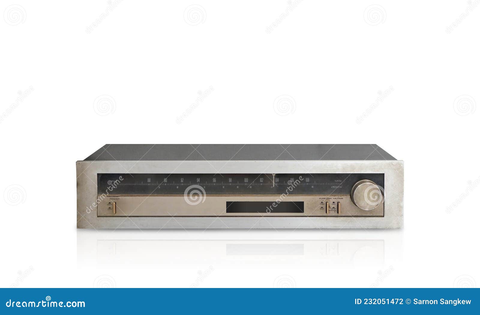 front view stereo tuner on white background, object, fashion, technology, copy spacefront view old silver stereo tuner on white