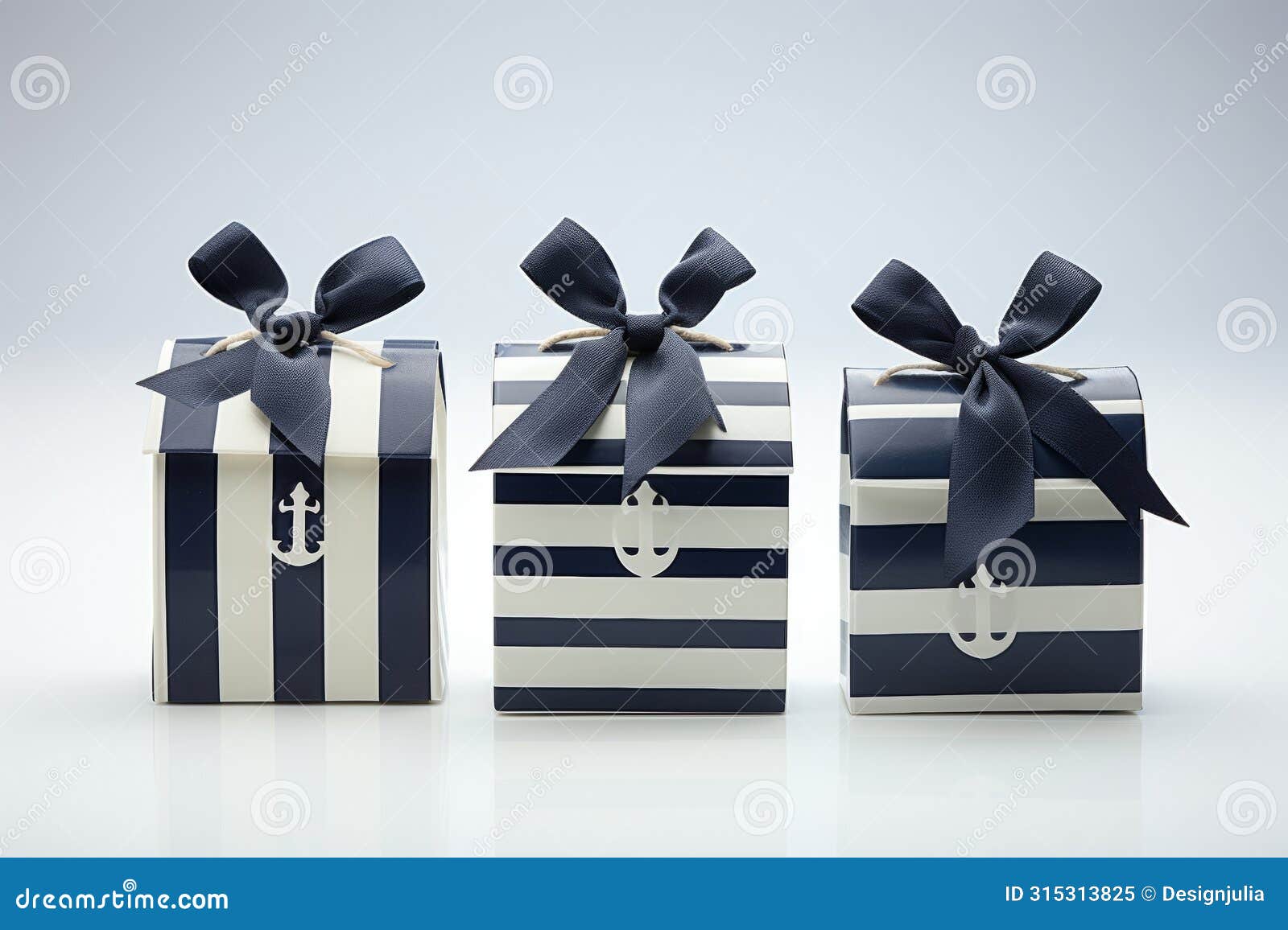 front view of striped navy and cream nautical theme gift boxes with bow, white background