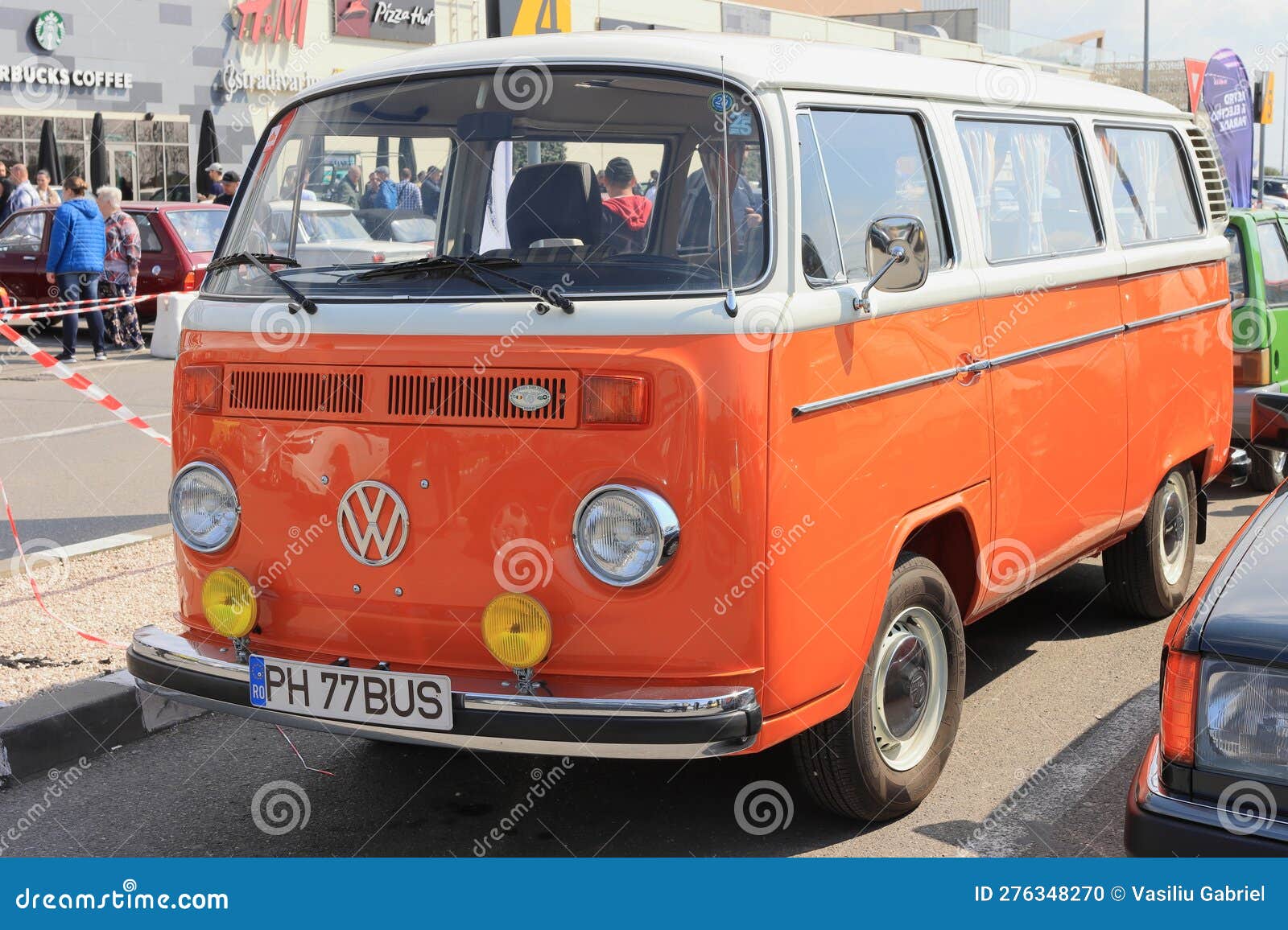 Front view Volkswagen Bus parked in Retro & Electro Parade Ploiesti