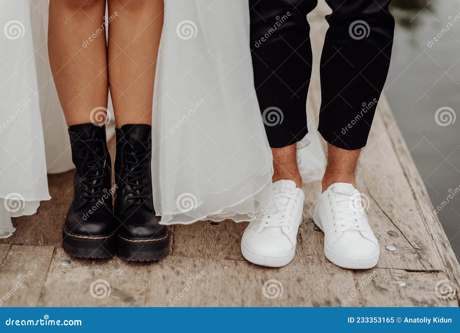 Front View of Wedding Couple& X27;s Feet Standing on the Wooden Bridge.  Black and White Shoes Front View Stock Image - Image of background, party:  233353165