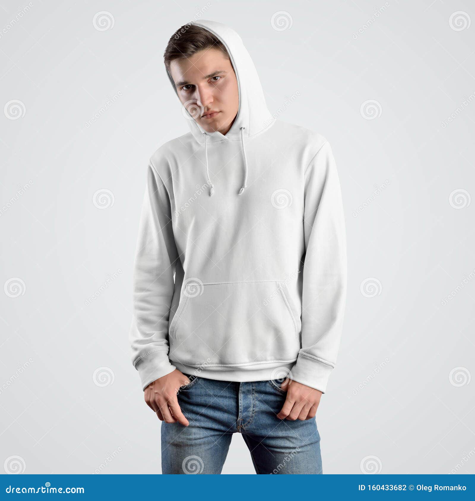 Download Front View Of A White Hoodie Mockup Template On A Young ...