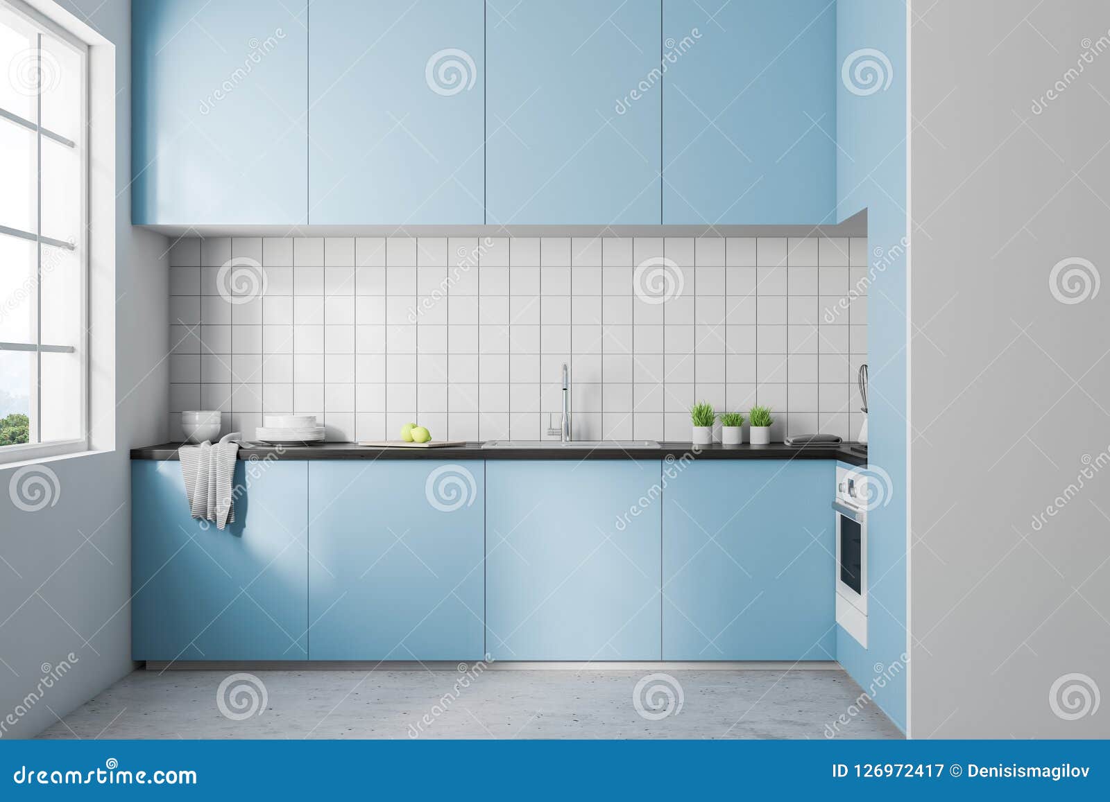 White Tile Kitchen Interior Blue Countertops Stock Illustration