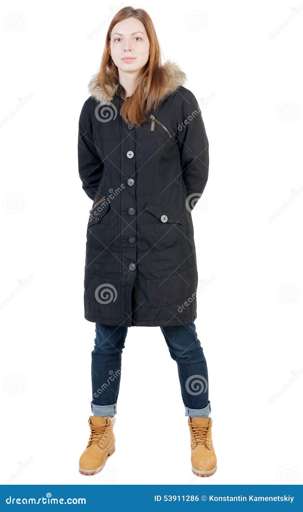 Download Front View Woman In Winter Jacket Looking Up. Stock Photo ...