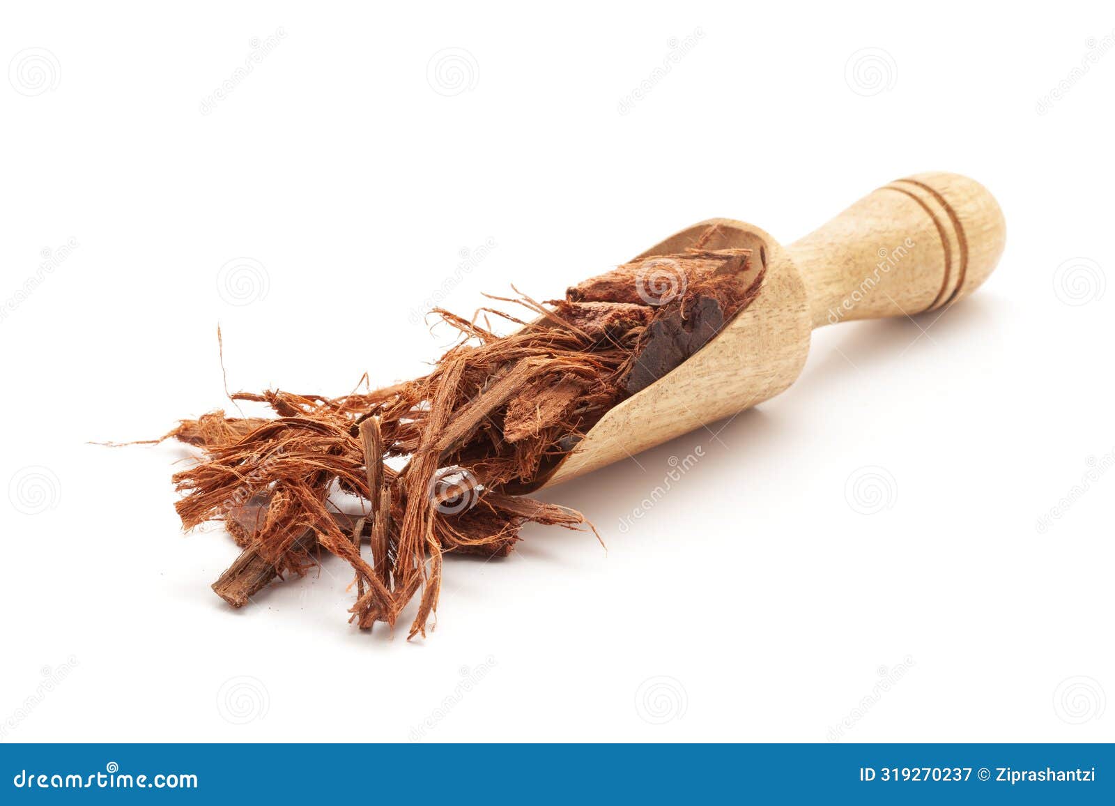 front view of a wooden scoop filled with organic arjuna barks (terminalia arjuna).  on a white