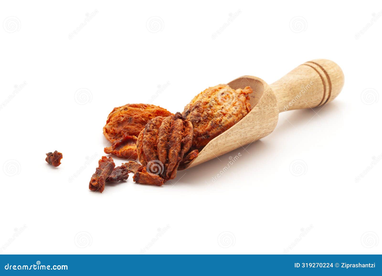 Front View of a Wooden Scoop Filled with Organic Stone Apple or Bel