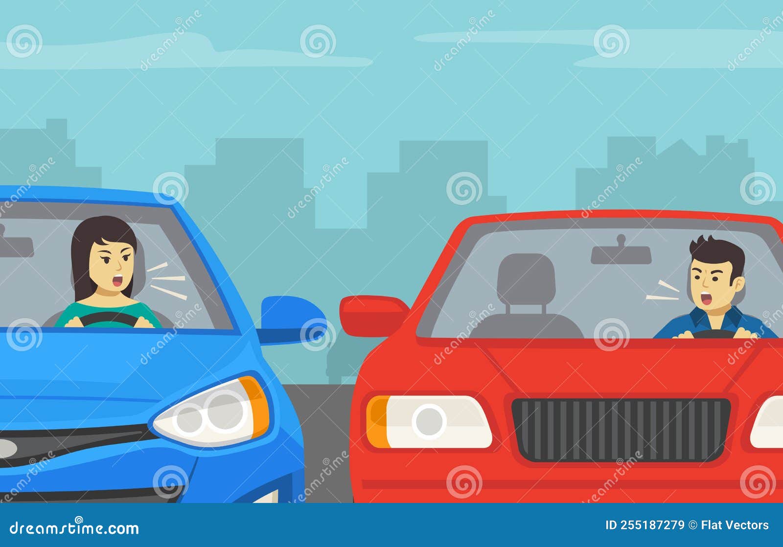 front view of a yelling characters. road rage between male driver and female driver.