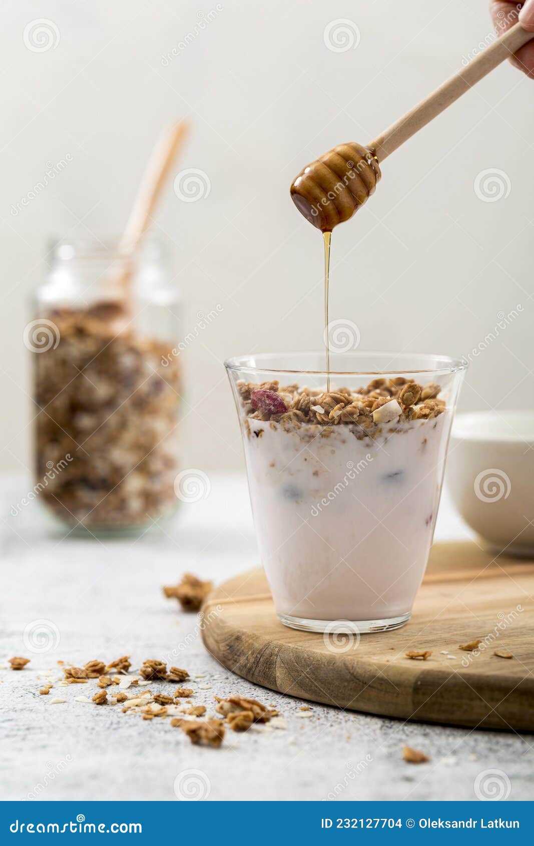 Front View Yogurt with Granola Honey. High Quality Photo Stock Photo