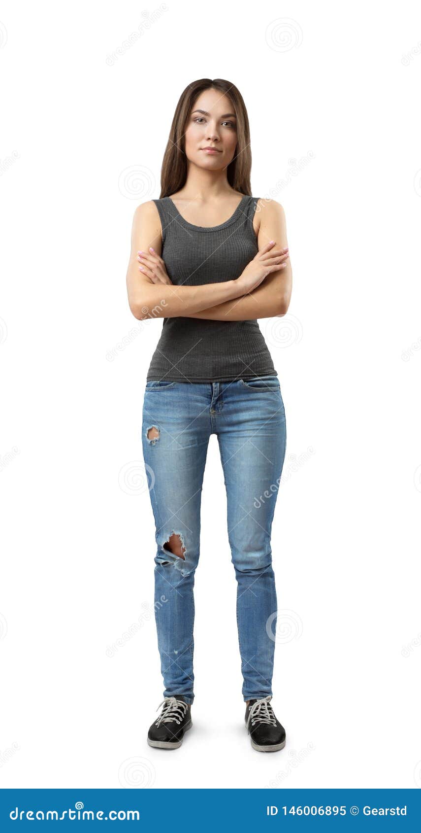 Front View of Young Attractive Woman in Gray Sleeveless Top and