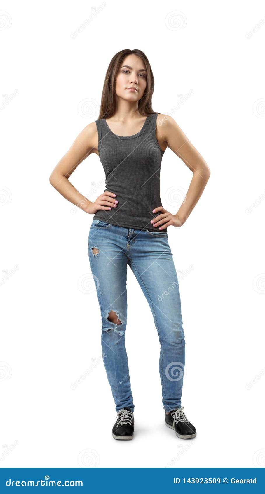 Front View of Young Beautiful Woman in Gray Sleeveless Top and Blue ...