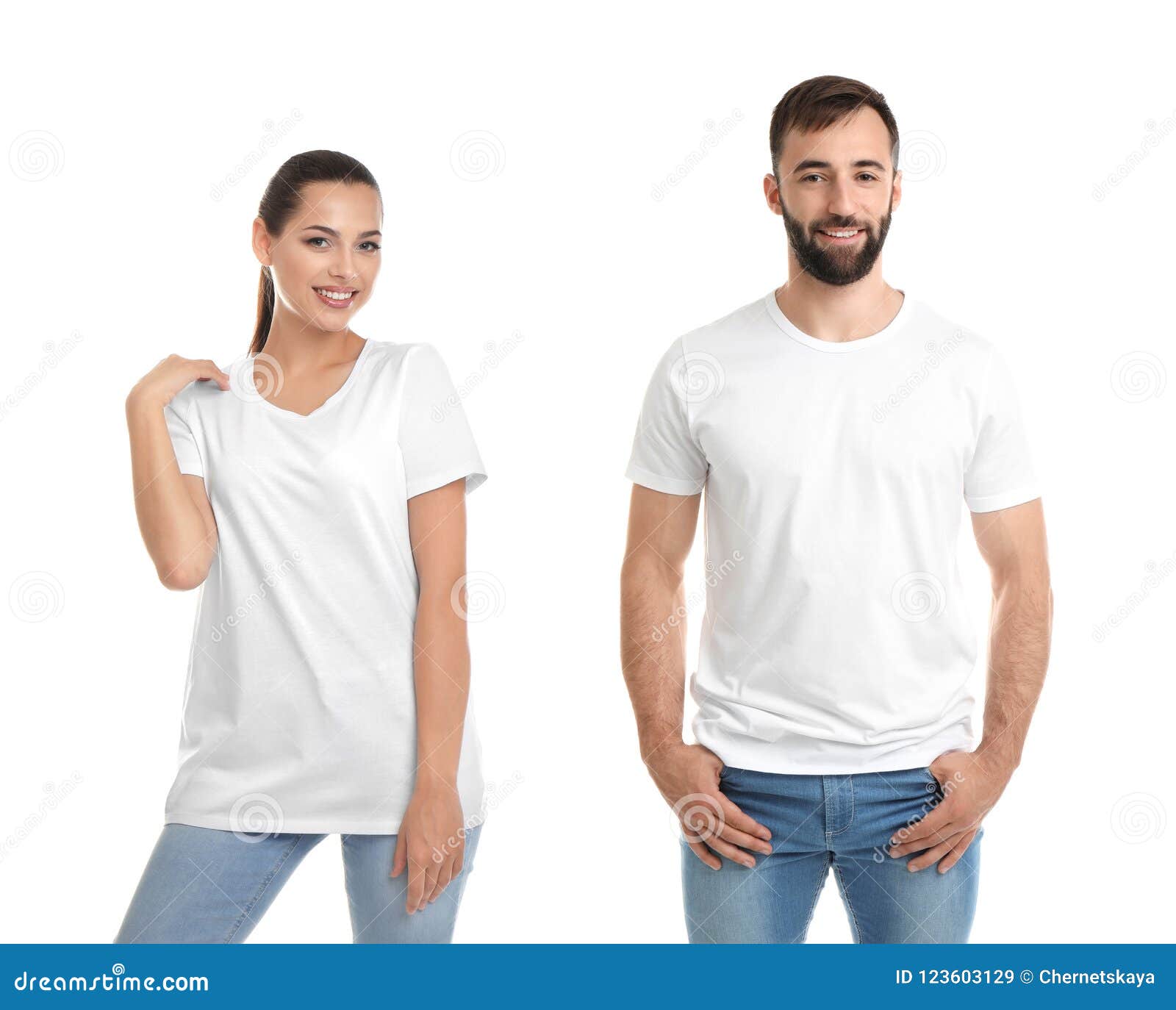 Download Front View Of Young Woman And Man In Blank T-shirts Stock ...