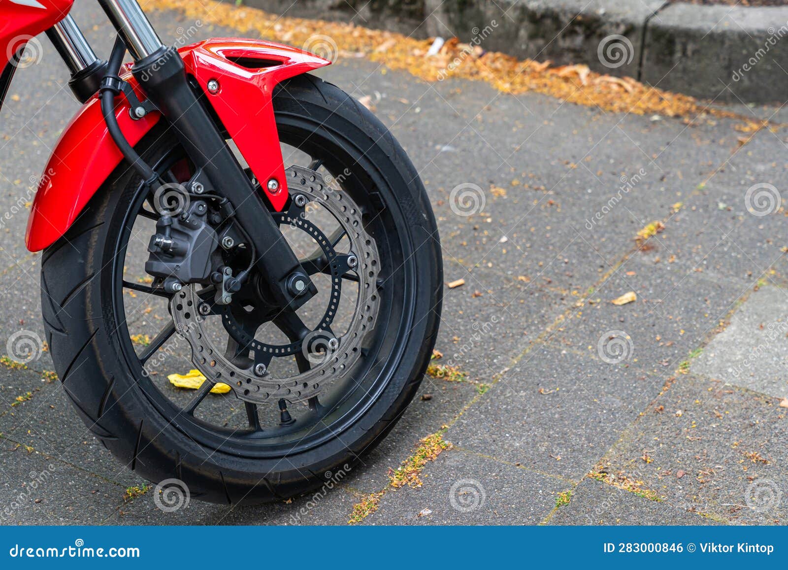 Front Wheel of a Red Motorcycle with Disc Brakes. Stock Photo Image