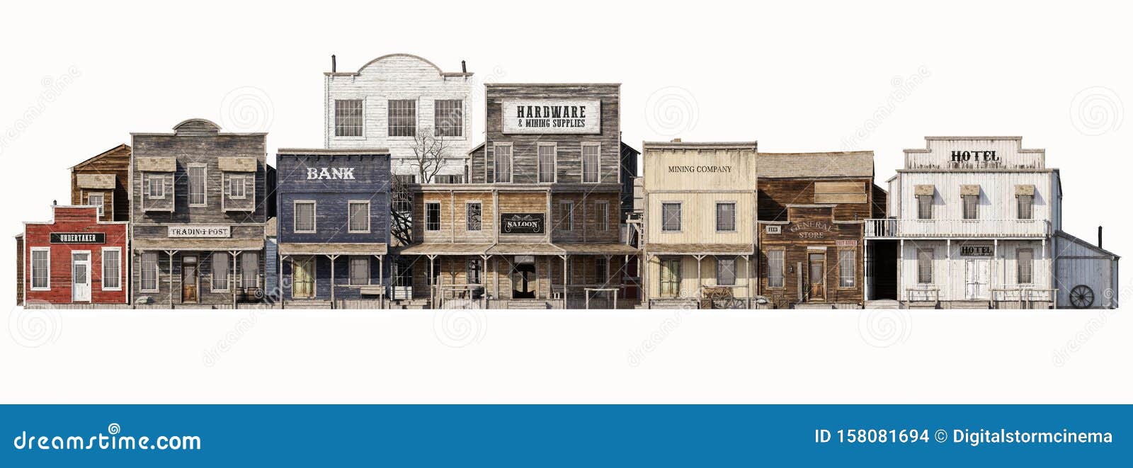 front wide view of an old rustic antique western town with various business on an  white background.