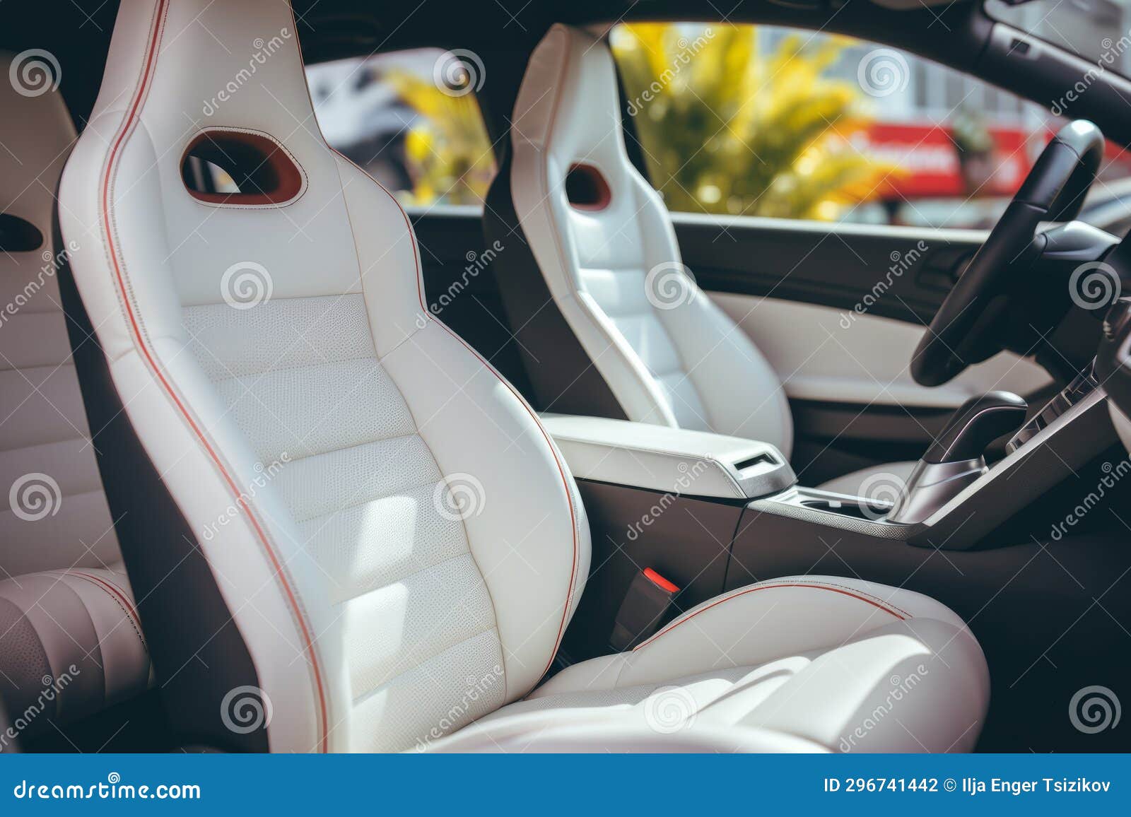 Frontal View of Luxurious White Leather Back Passenger Seats in Modern Luxury Car Interior Stock
