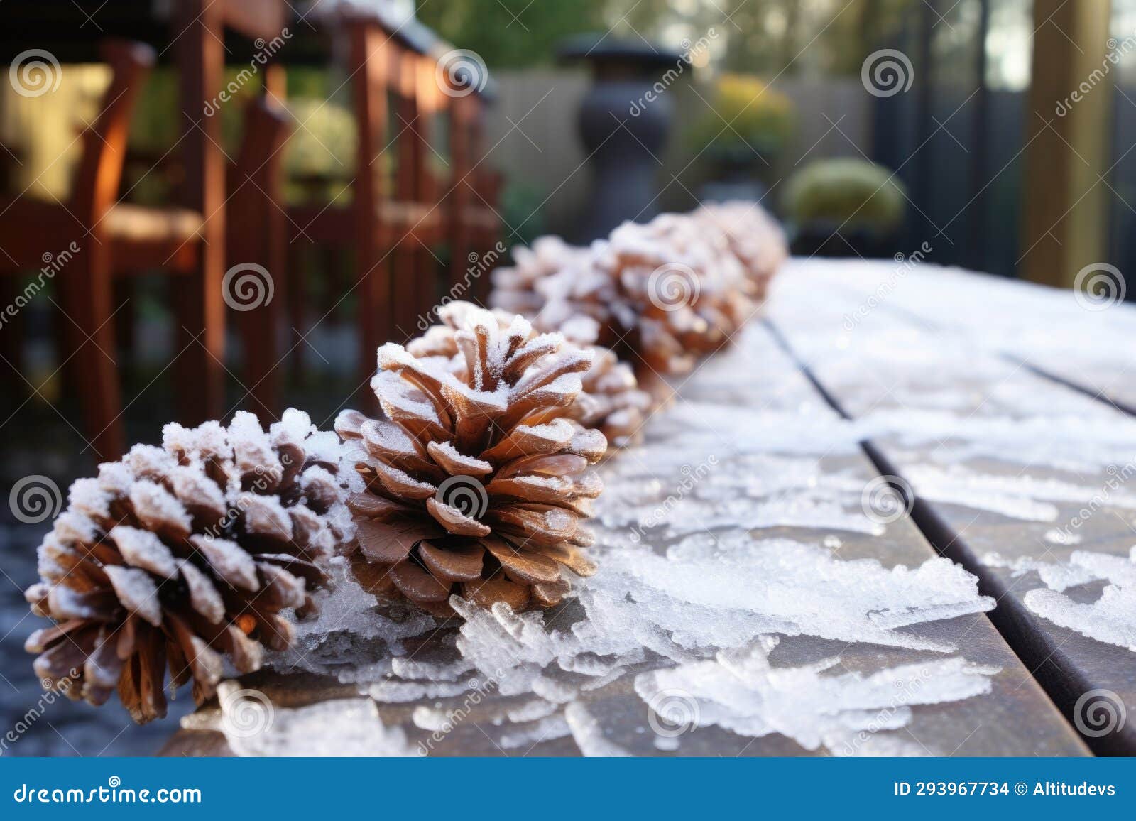 frost-coated pinecones scattered across a patio
