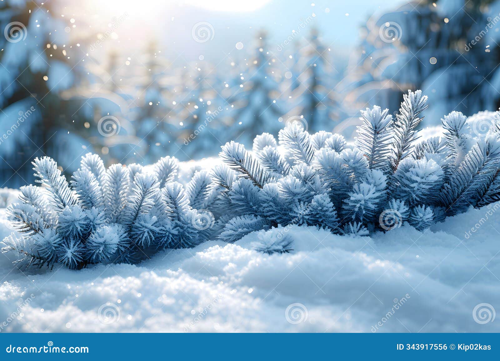 winter wonderland: frosty pine branches and snowflakes in a sunlit forest generative ai