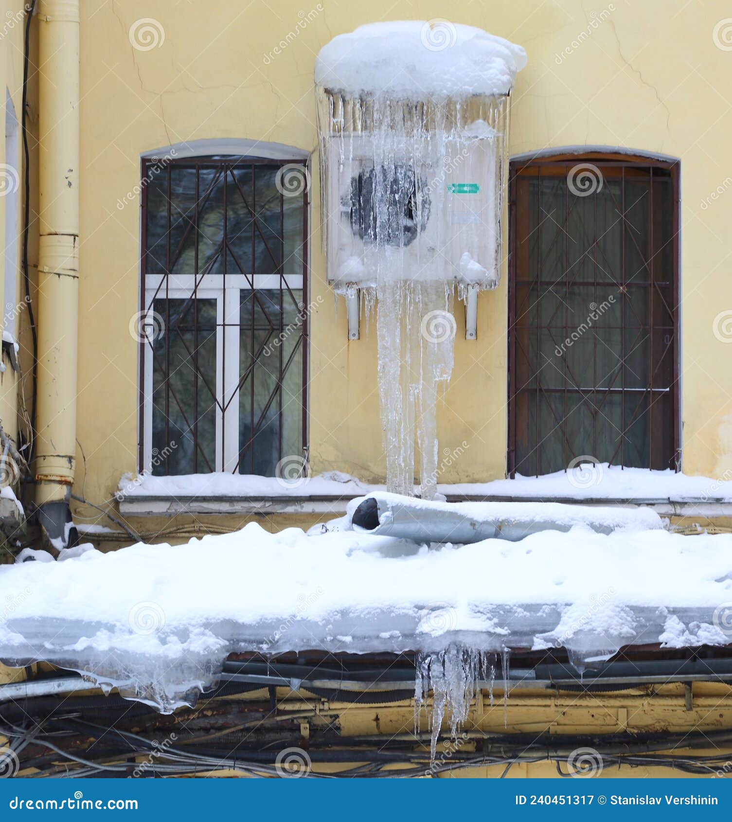 Frozen Air Conditioner on the Wall of the House Stock Image Image of