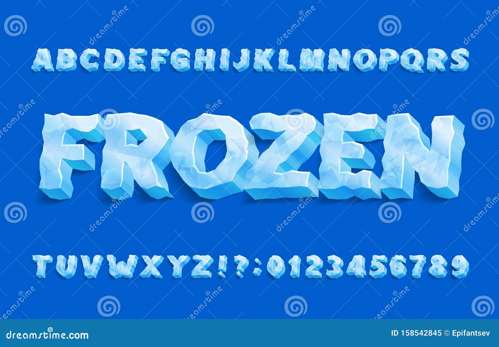 frozen alphabet font. 3d ice letters and numbers with shadow.