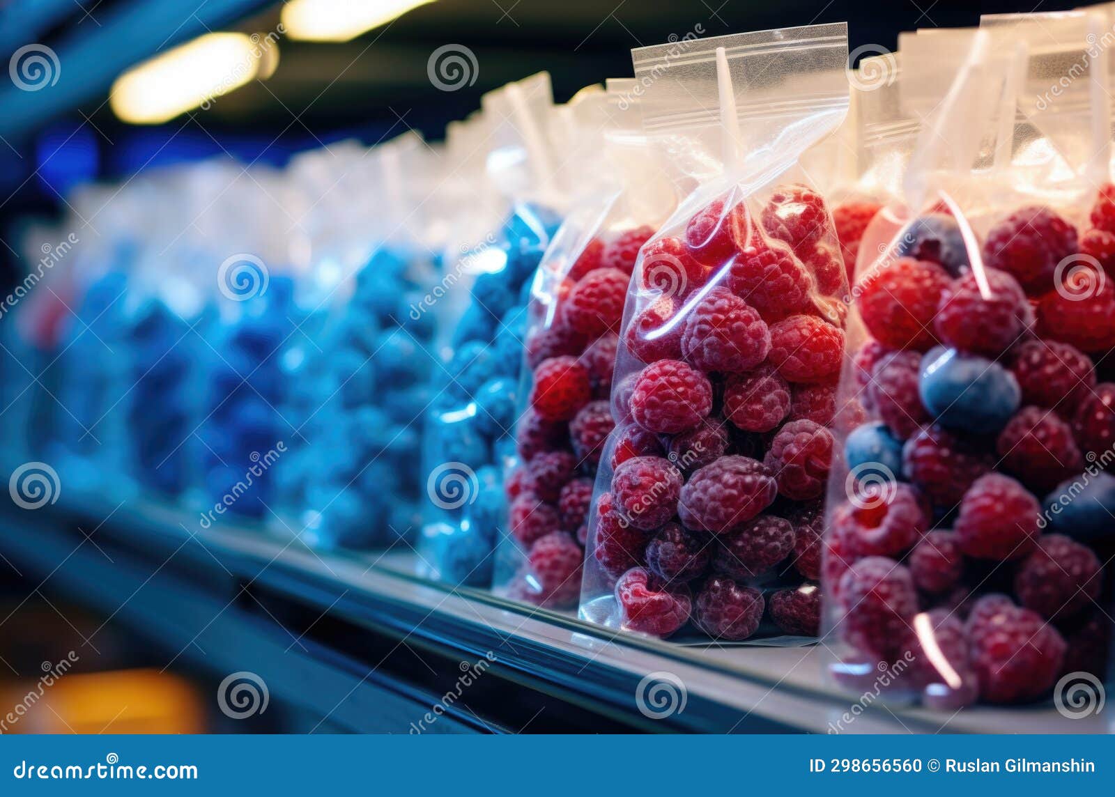 Frozen Berries in Plastic Bags in the Freezer. Open Deep Freeze Filled
