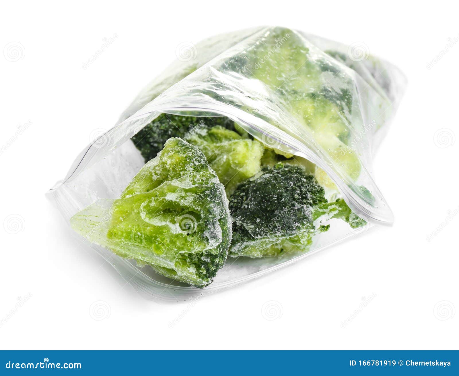 Frozen Broccoli in Plastic Bag Isolated. Vegetable Preservation Stock