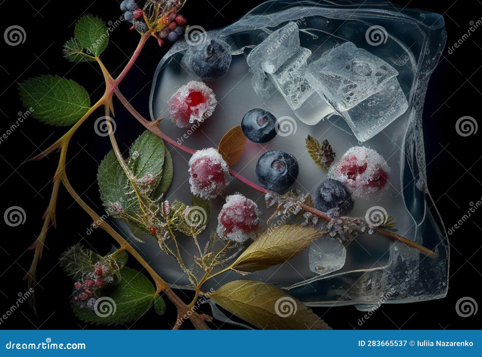Frozen Buds and Berries in Ice. AI Generated Stock Illustration Illustration of frozen