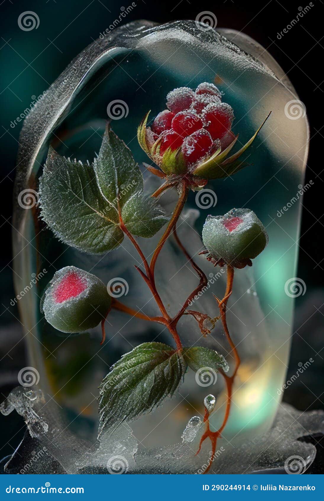 Frozen Buds and Berries in Ice. AI Generated Stock Photo Image of berries, flower 290244914
