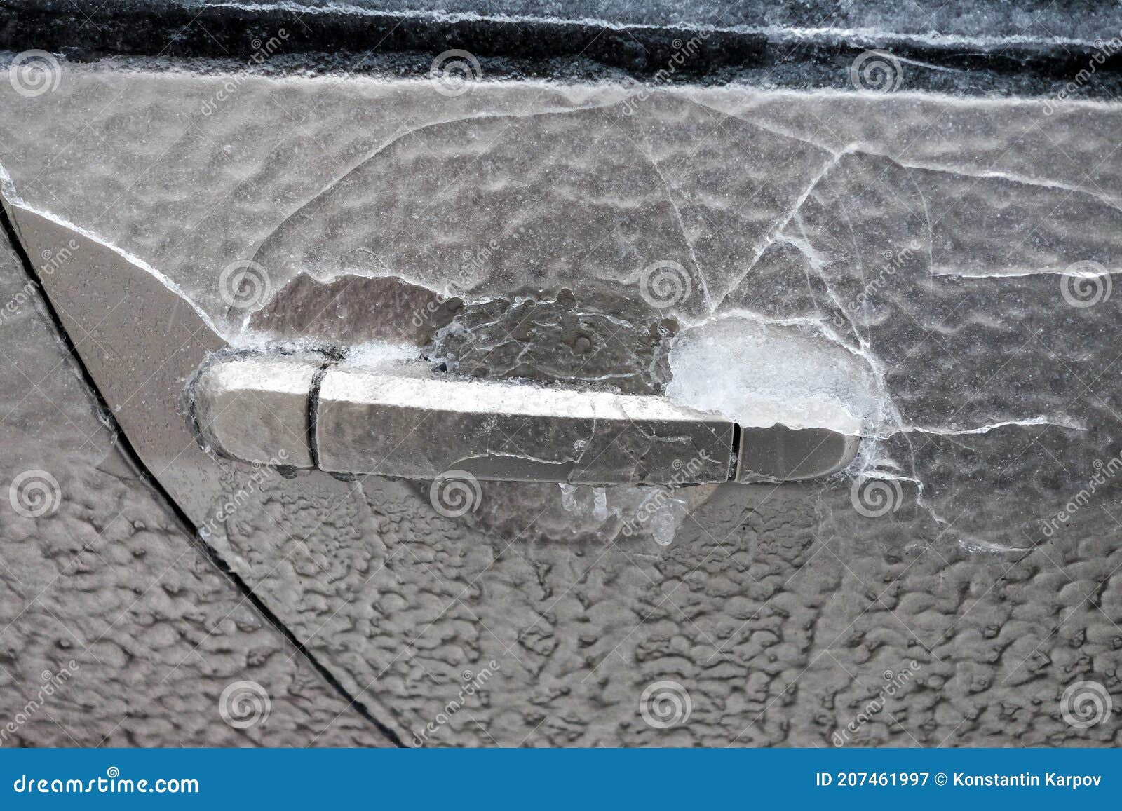 Frozen Car Door Closeup, Icicles, Ice Crystals, Jammed Lock Stock Image