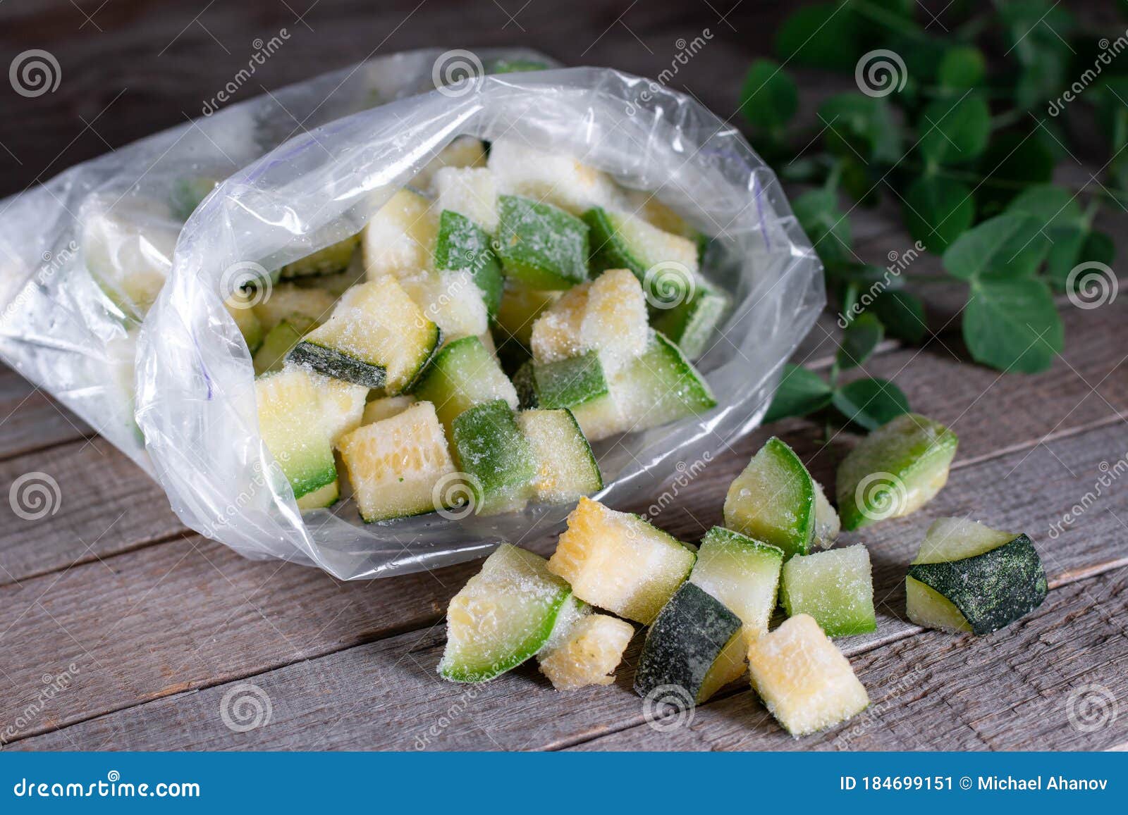 Frozen Cubes Of Zucchini In A Plastic Bag On The Wooden Background Stock Image Image Of Natural Child 184699151