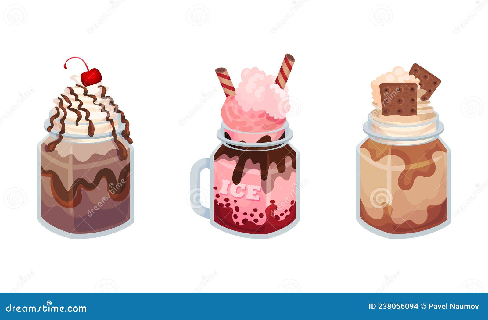 Frozen Dessert with Sweet Flavor and Cream in Glass Jar Vector Set ...