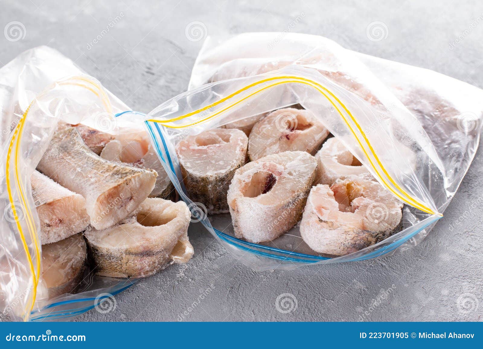 Frozen Fish in a Plastic Bag on a Table. Frozen Food Stock Image