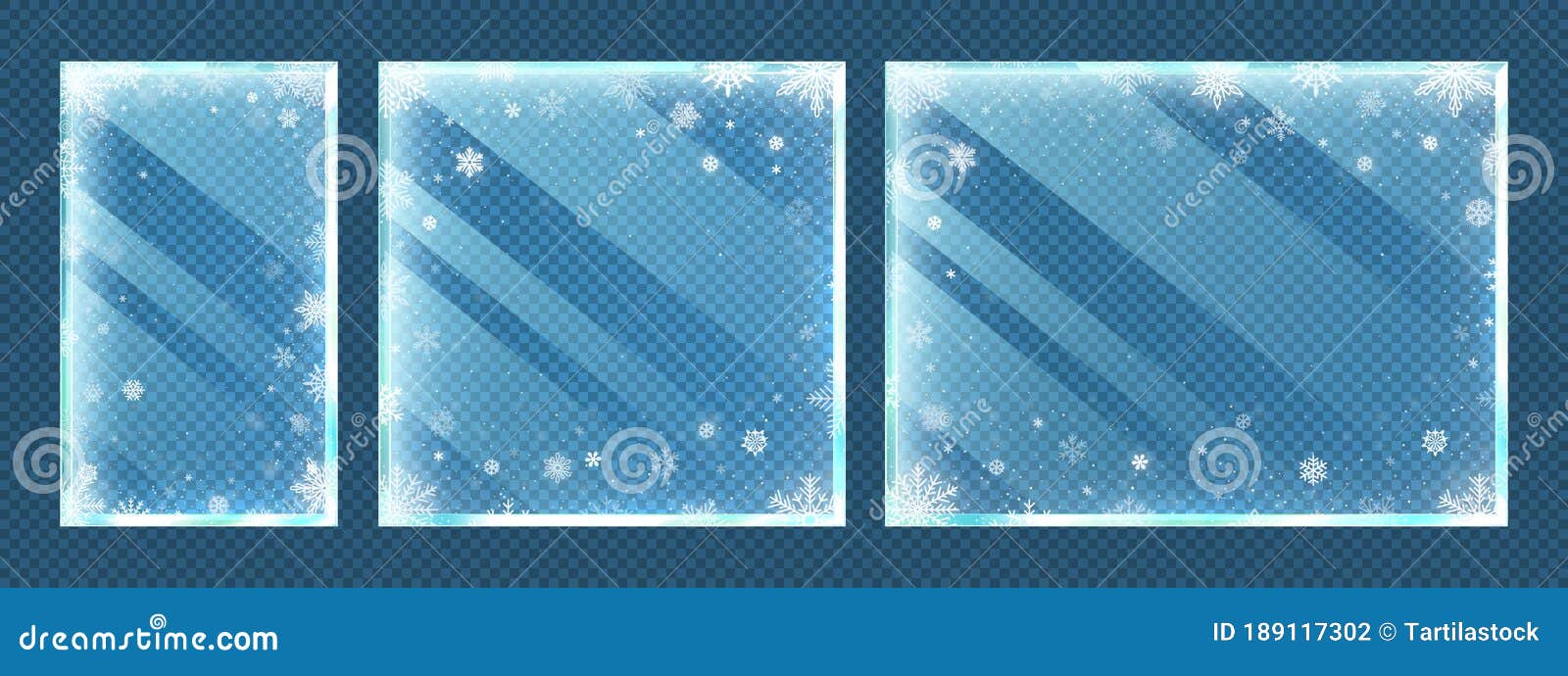 frozen glass frames with snowflakes. winter window border set with snow frost and ice effect  on transparent