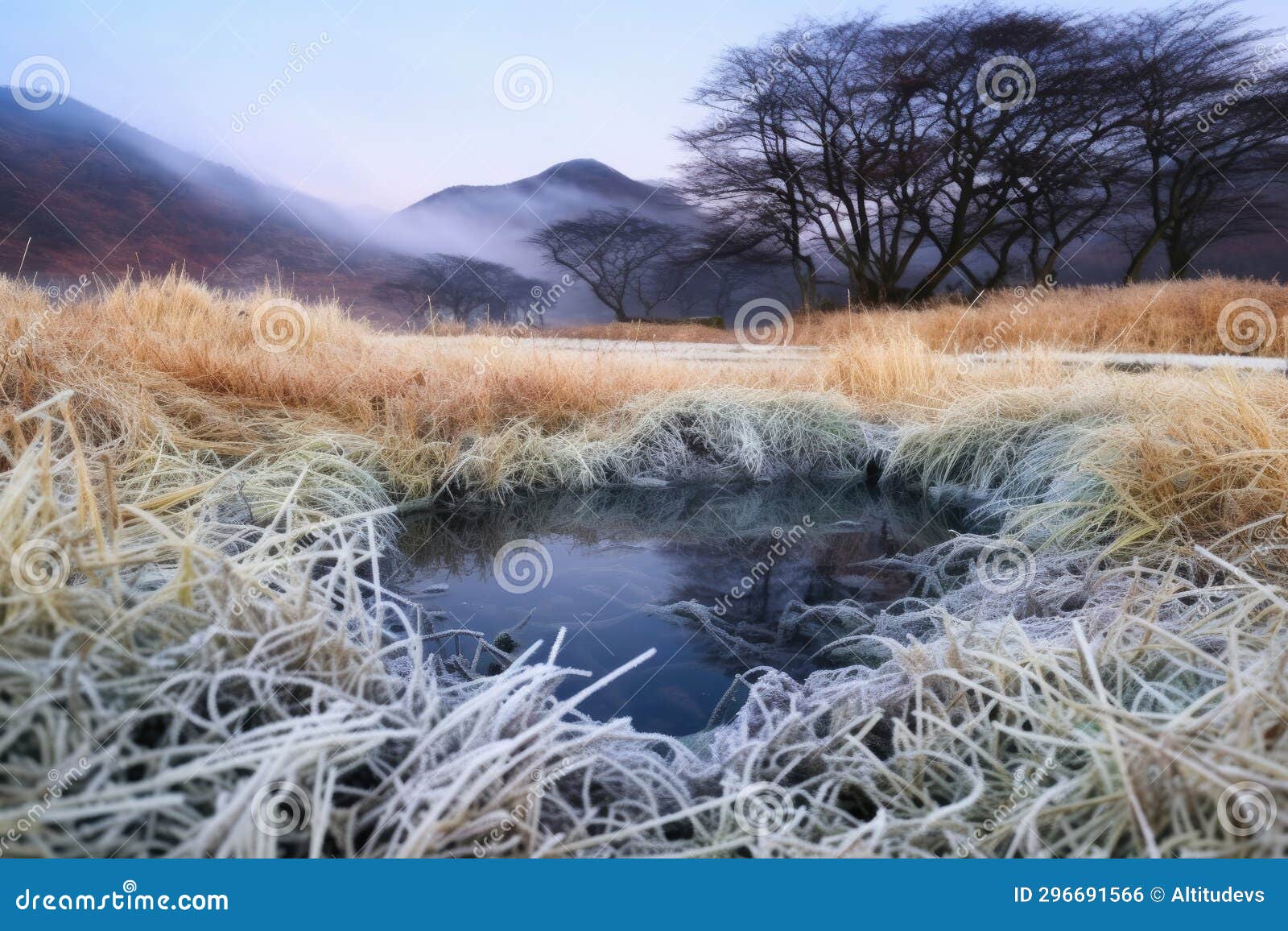 frozen grass and frost-coated foliage surrounding a hot spring
