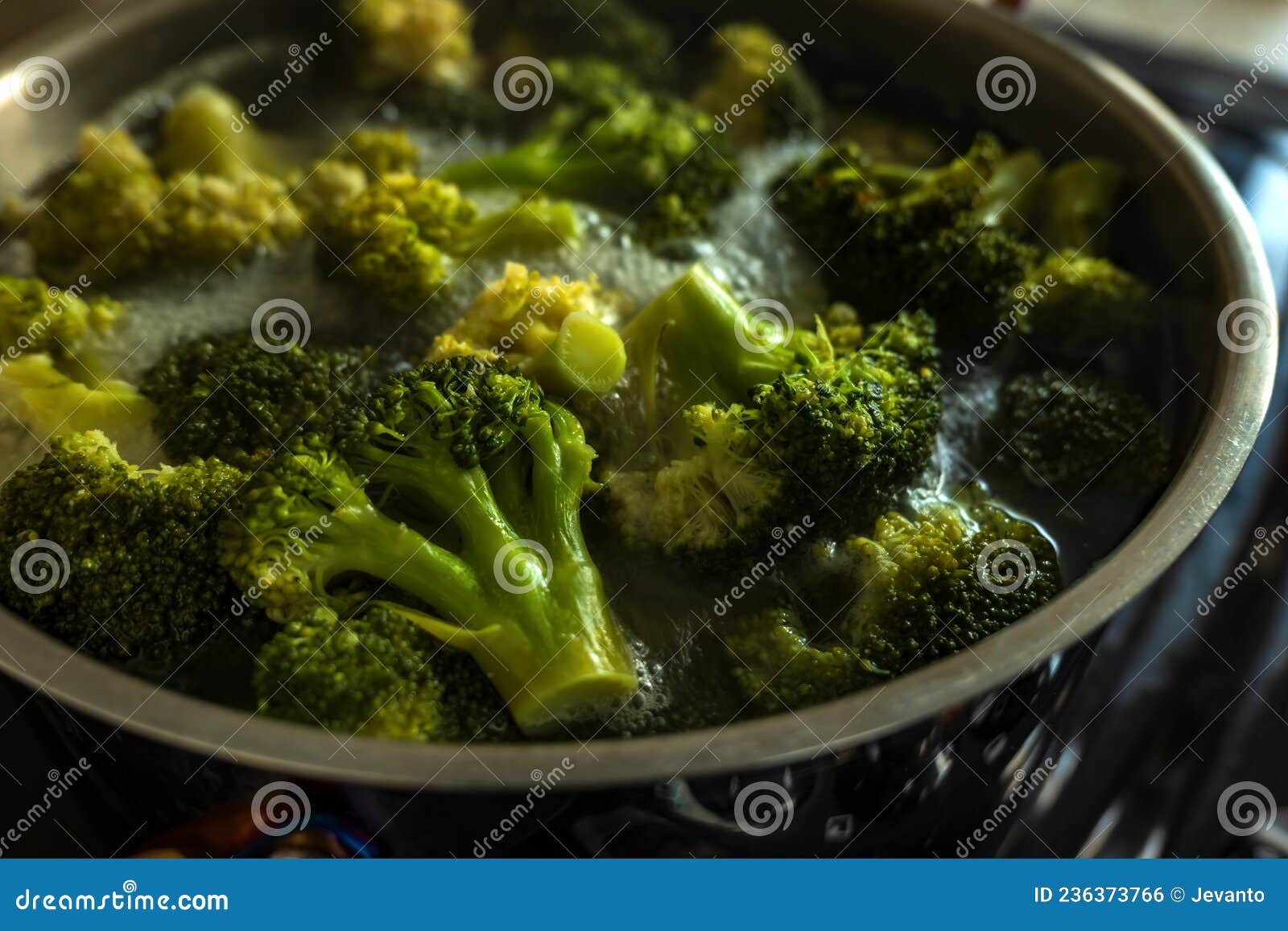 Frozen Green Broccoli Florets Inside Pan Casserole Boiling Closup Stock