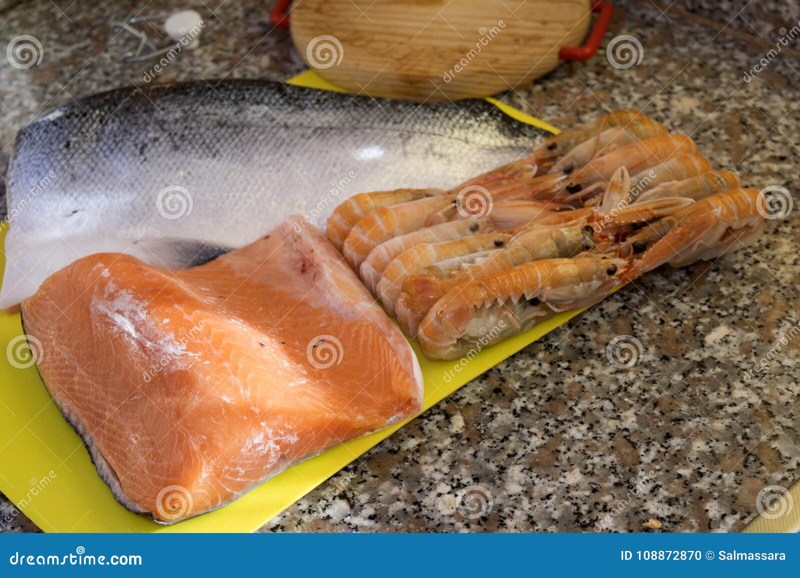 Frozen King Prawns and Fillets of Salmon Stock Photo Image of