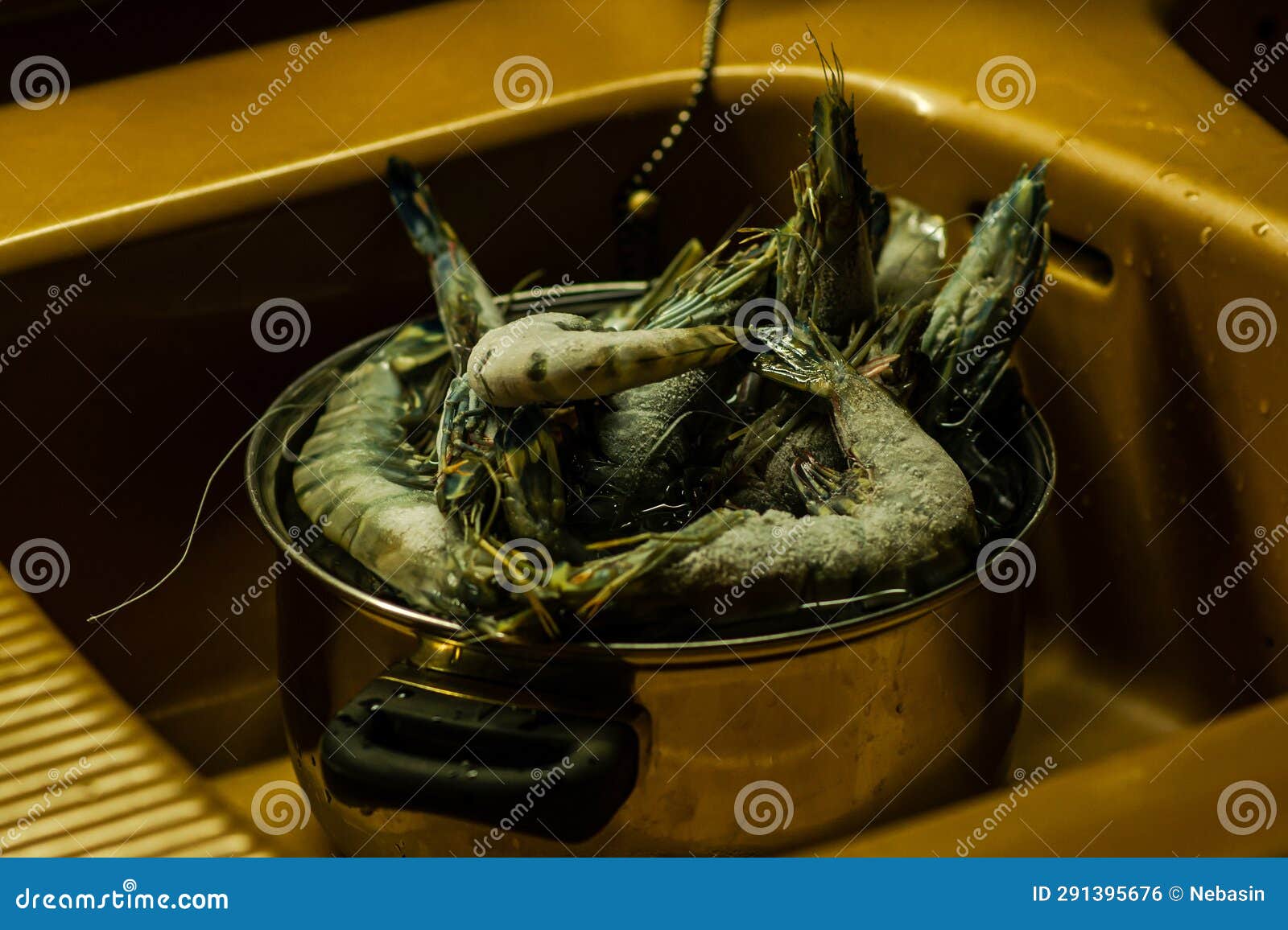Frozen King Prawns in a Pan. Preparing To Cook Stock Photo Image of