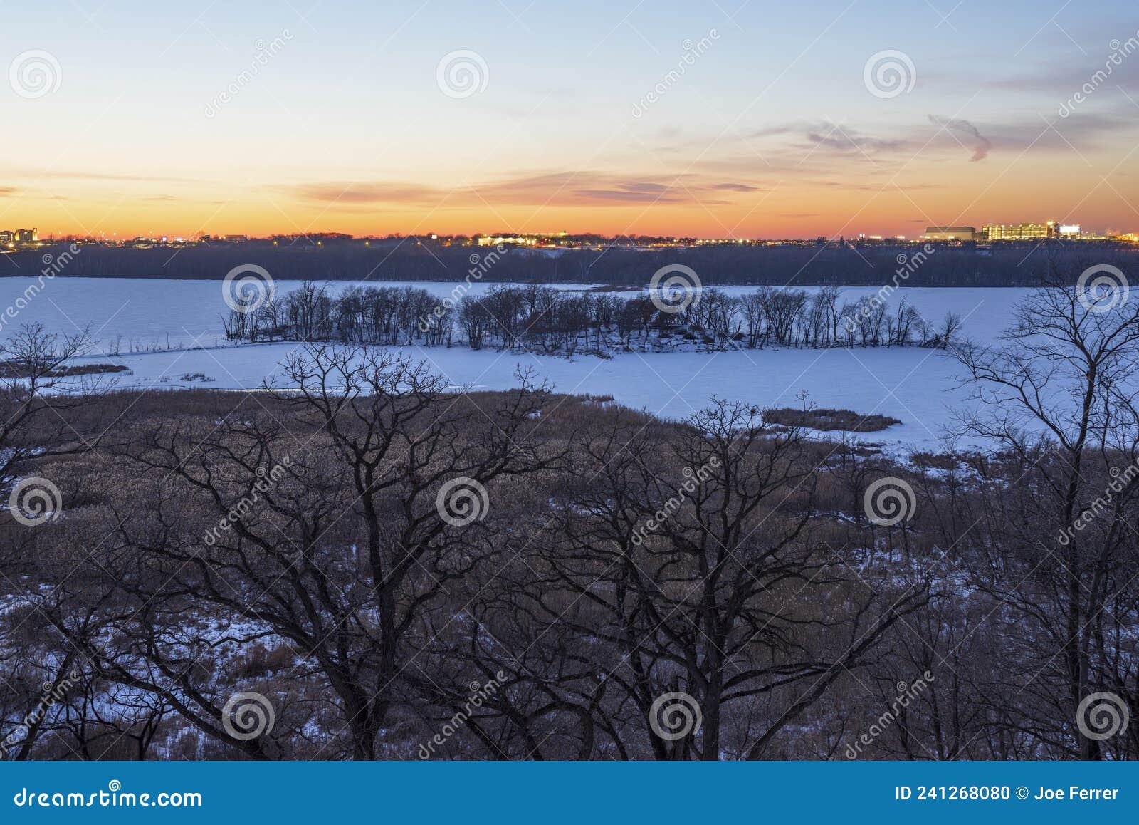 frozen minnesota river and quarry island from mendota heights