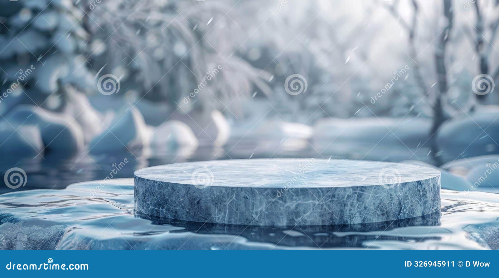 a frozen platform set against a snowy winter landscape, featuring frosted trees and a serene, cold atmosphere.