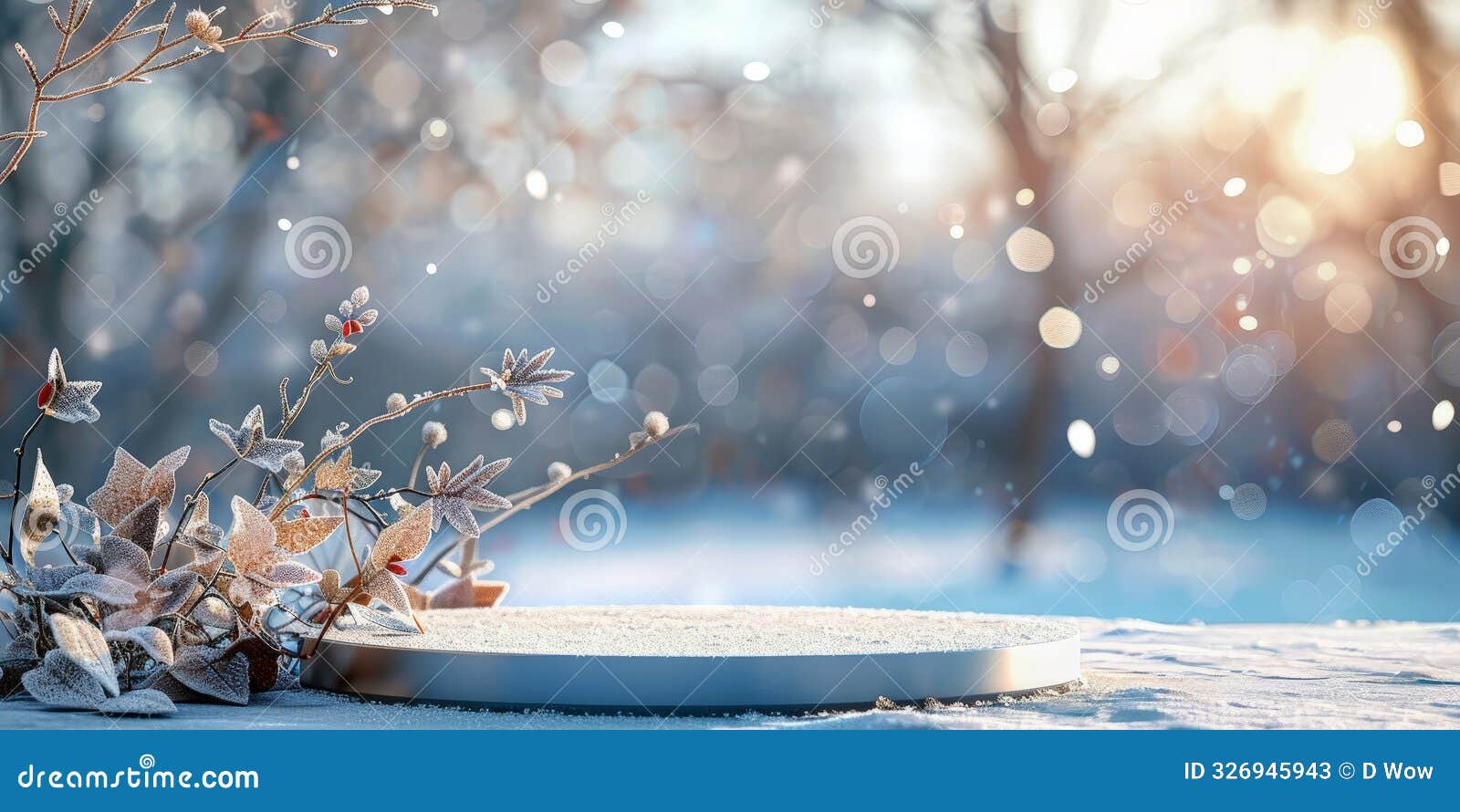 a frozen platform set against a snowy winter landscape, featuring frosted trees and a serene, cold atmosphere.