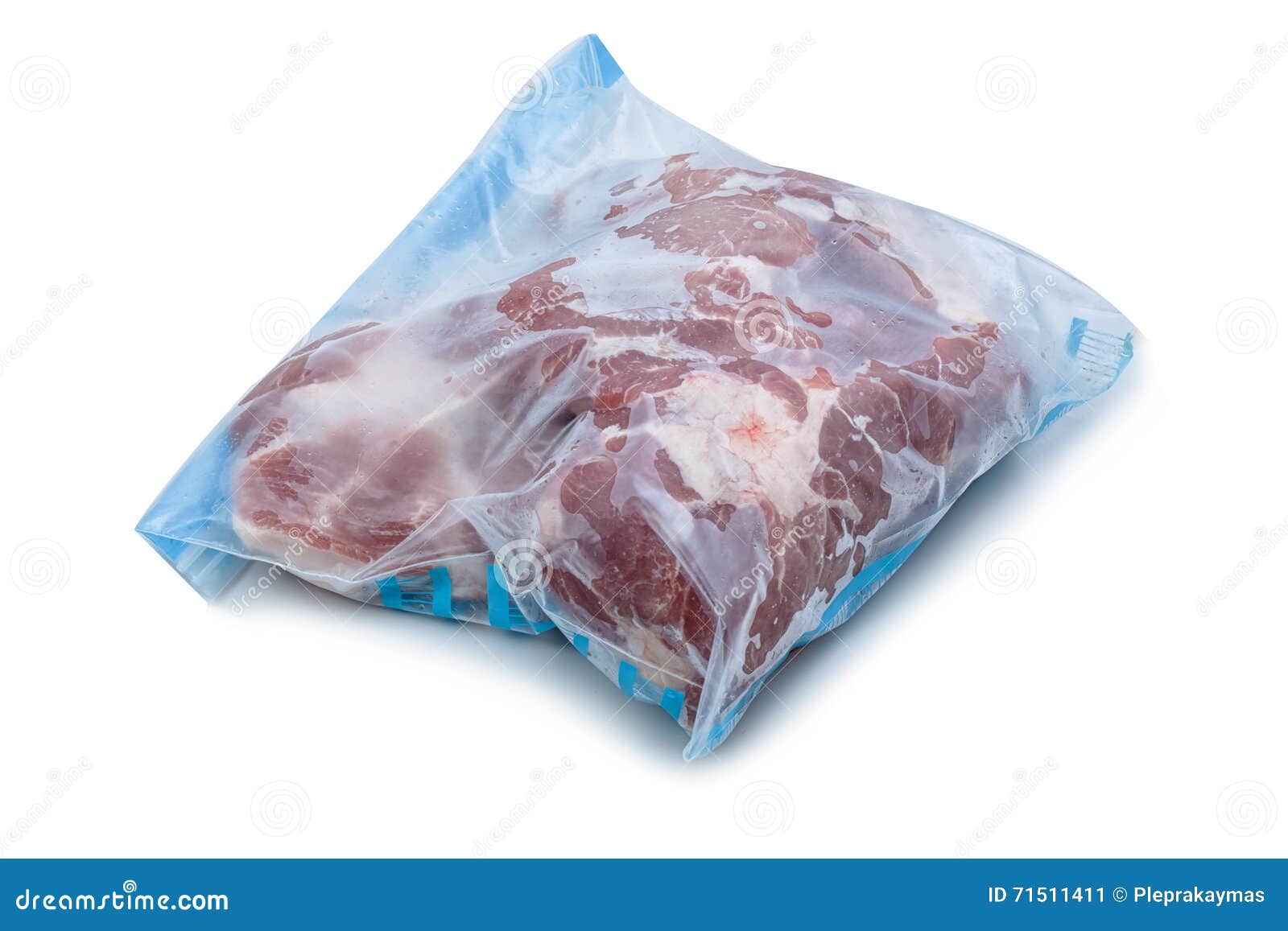 Frozen meat in a plastic bag. A piece of frozen meat wrapped in a